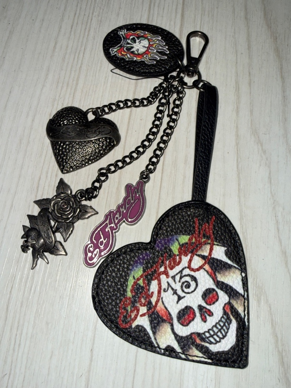 NWT Ed Hardy Black Heart Skull Multi-Charm Keychain